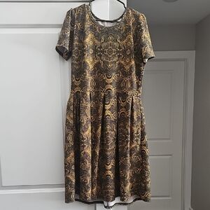 LuLaRoe Amelia Mustard And Navy Design Dress